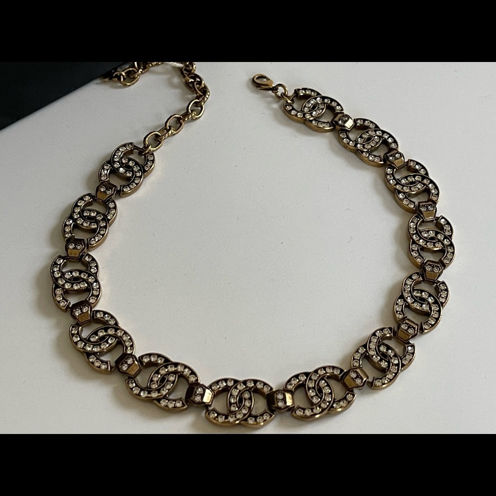 Chanel Gold Tone Crystal CC Logo Choker Necklace